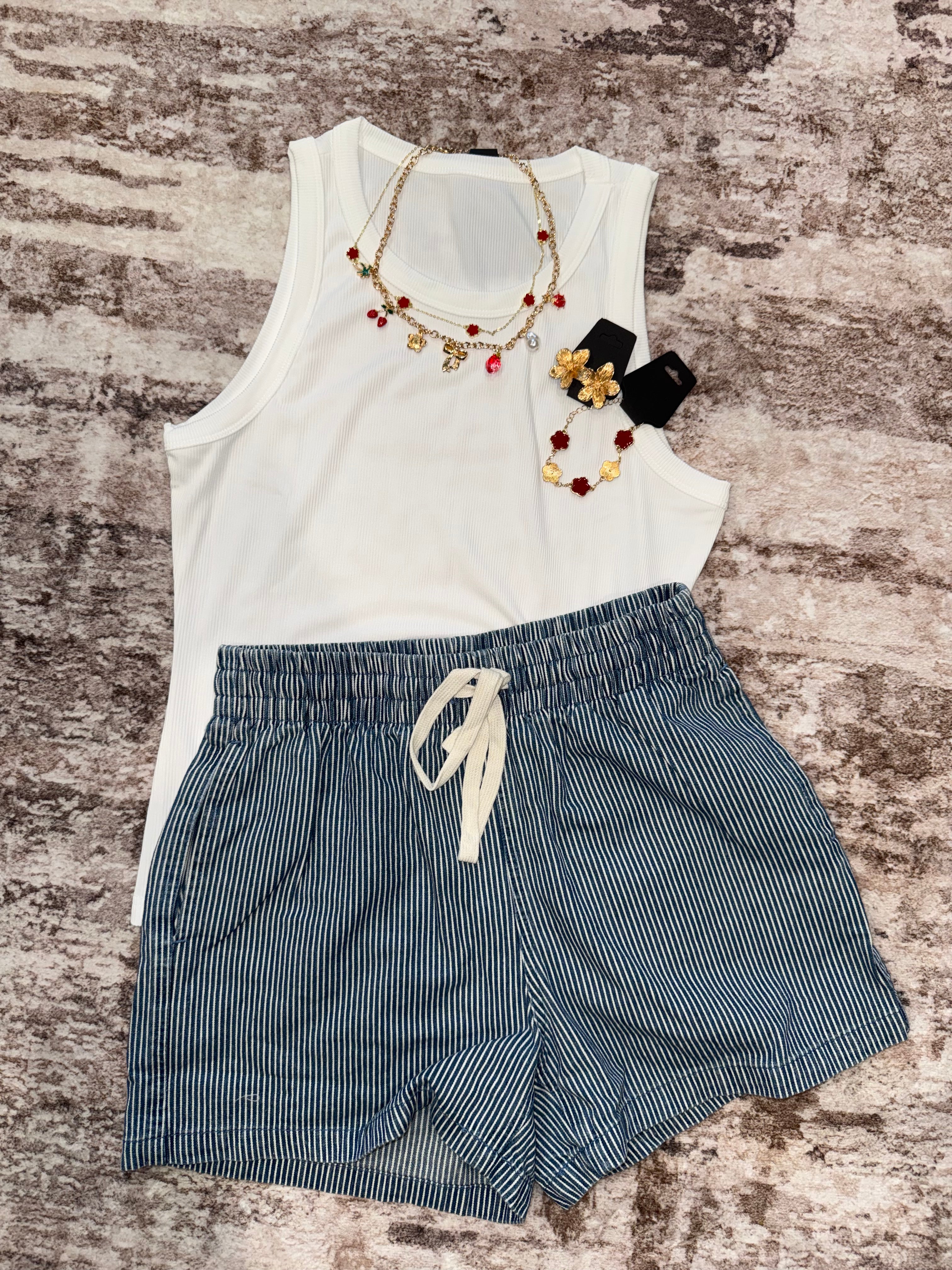 Dark Denim Elastic Waist Shorts