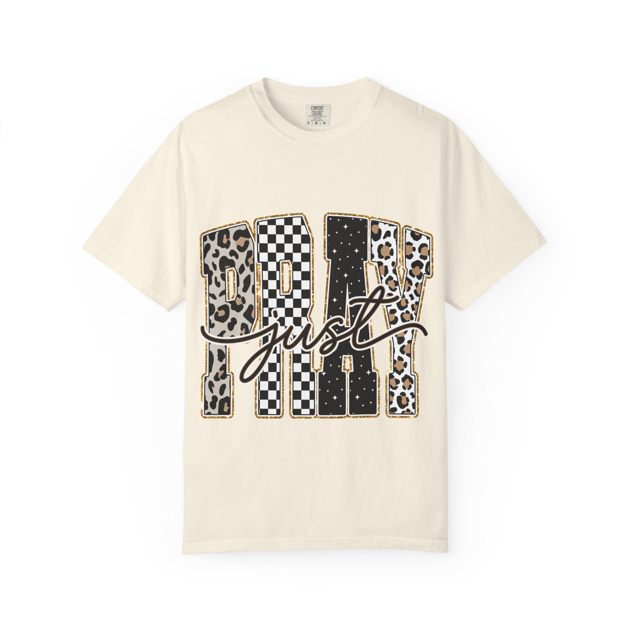 Just Pray Graphic T-shirt — Leopard & Checker Pattern