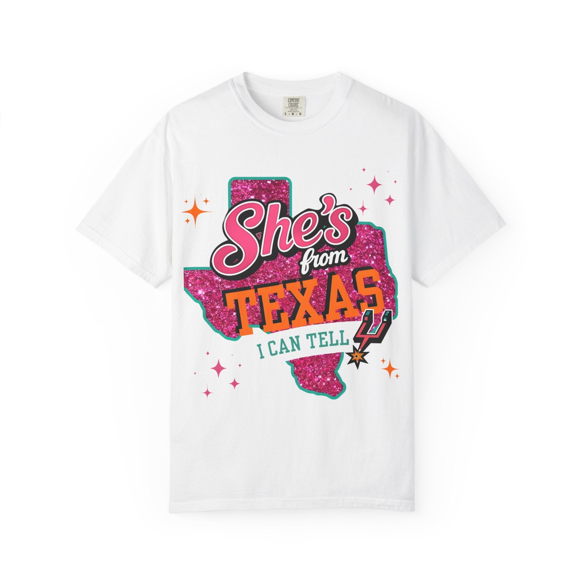 T-Shirt — "She's From Texas I Can Tell" Retro Glitter State Pride Tee