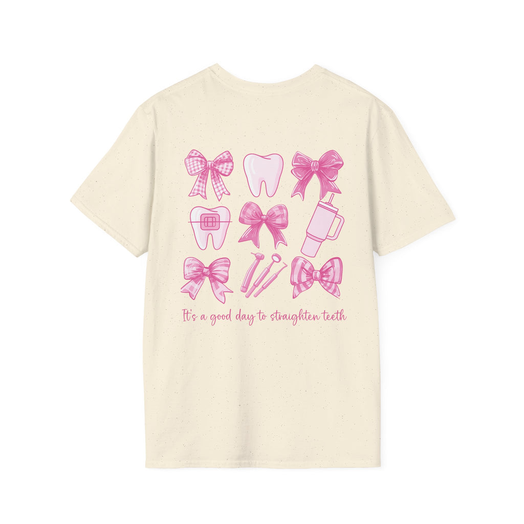 Tooth & Bow T-Shirt — Pink Dental Icons "It's a good day to straighten teeth"