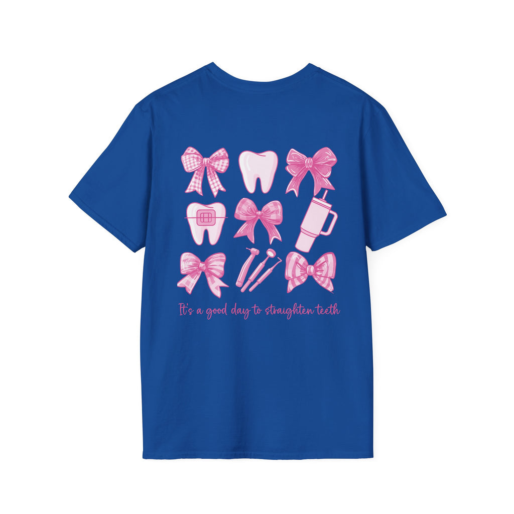 Tooth & Bow T-Shirt — Pink Dental Icons "It's a good day to straighten teeth"