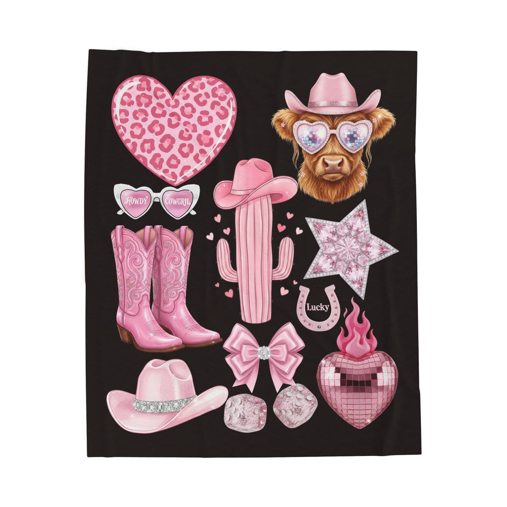 Pink Western Cowgirl Velveteen Plush Blanket – Heart, Boots & Cactus Cozy Throw
