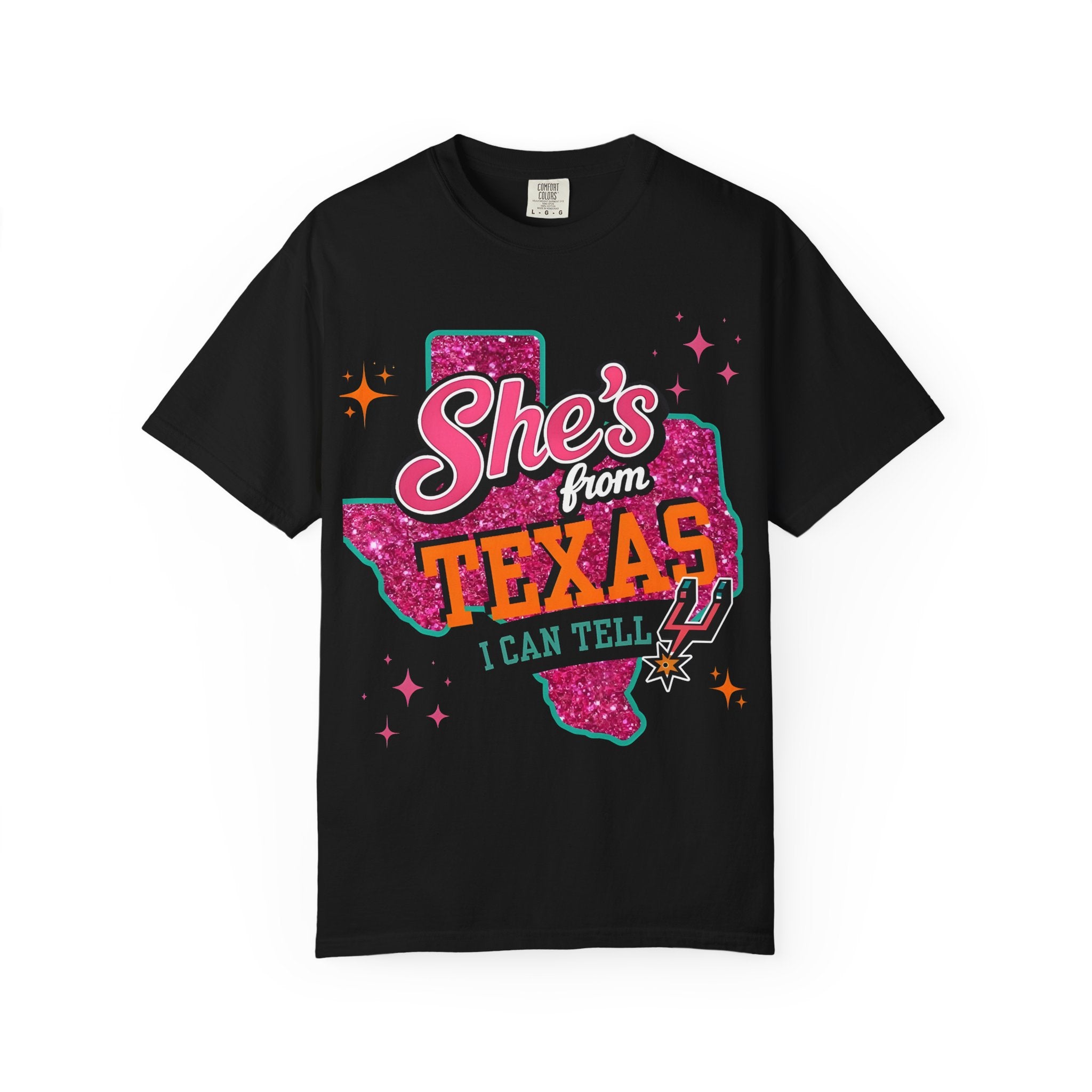 T-Shirt — "She's From Texas I Can Tell" Retro Glitter State Pride Tee