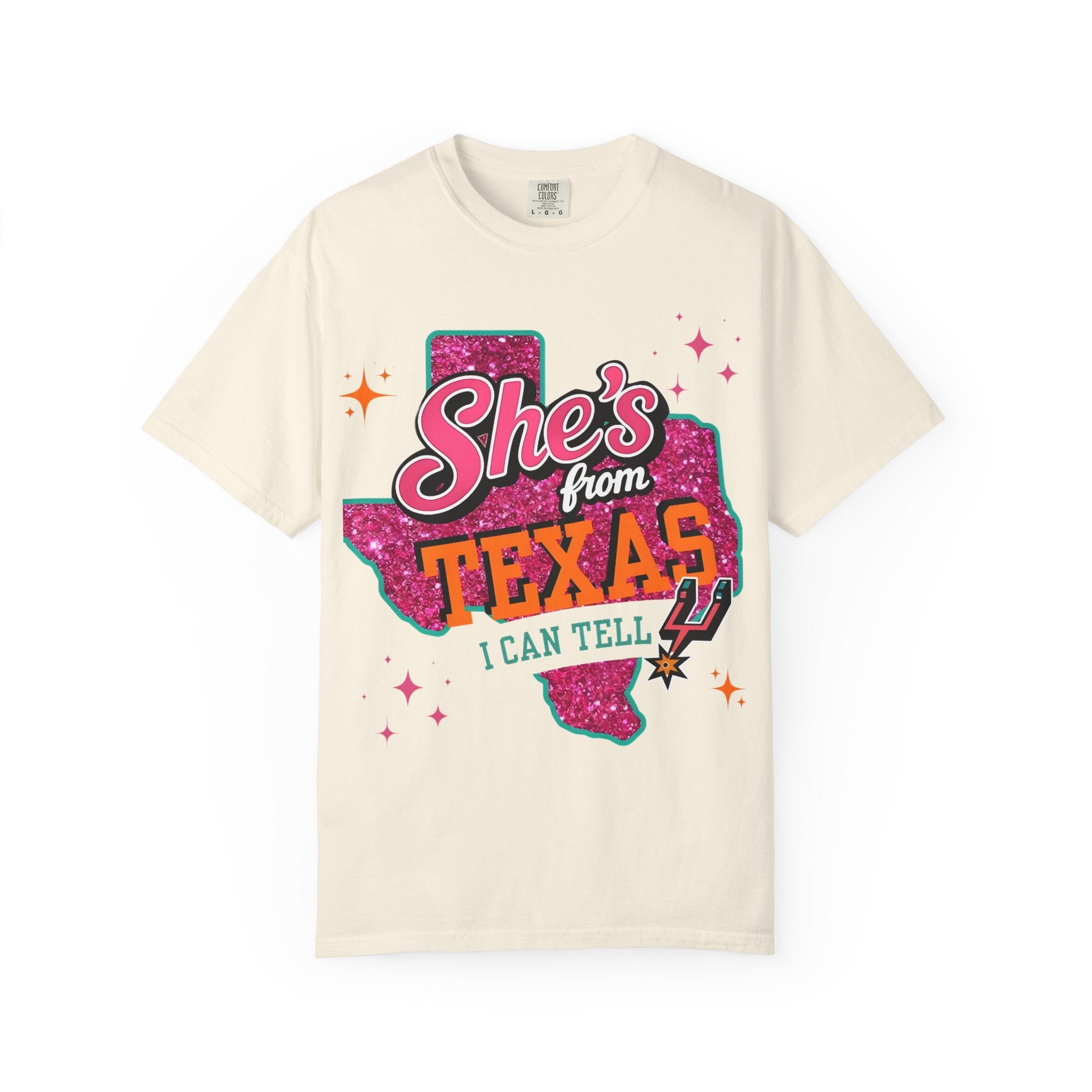 T-Shirt — "She's From Texas I Can Tell" Retro Glitter State Pride Tee