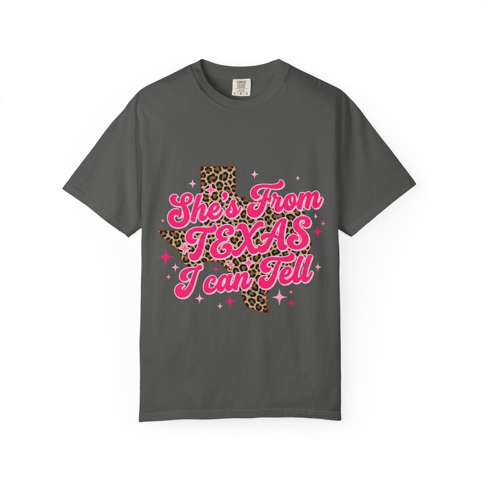 Texas Leopard Graphic T-Shirt — "She's From Texas I Can Tell"
