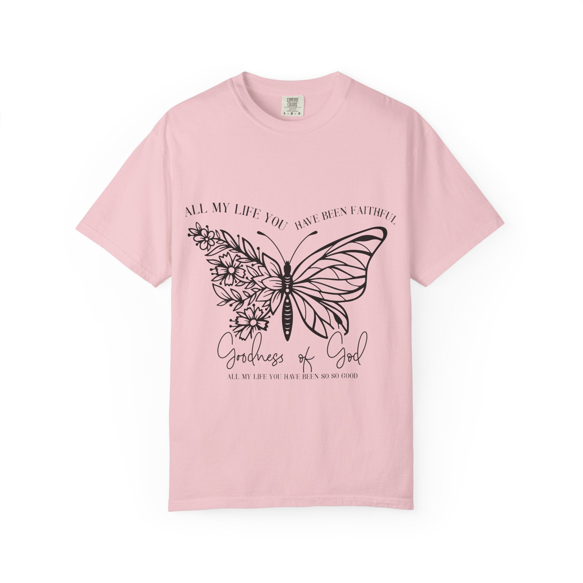 Butterfly Flowers Tee — “Goodness of God” Inspirational Graphic T-Shirt