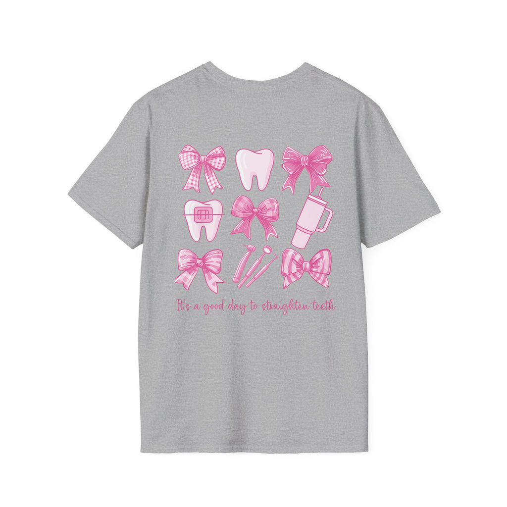 Tooth & Bow T-Shirt — Pink Dental Icons "It's a good day to straighten teeth"