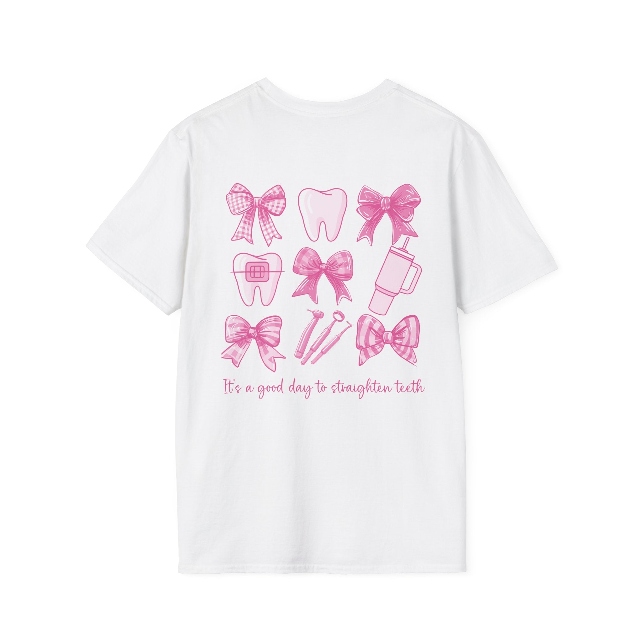 Tooth & Bow T-Shirt — Pink Dental Icons "It's a good day to straighten teeth"