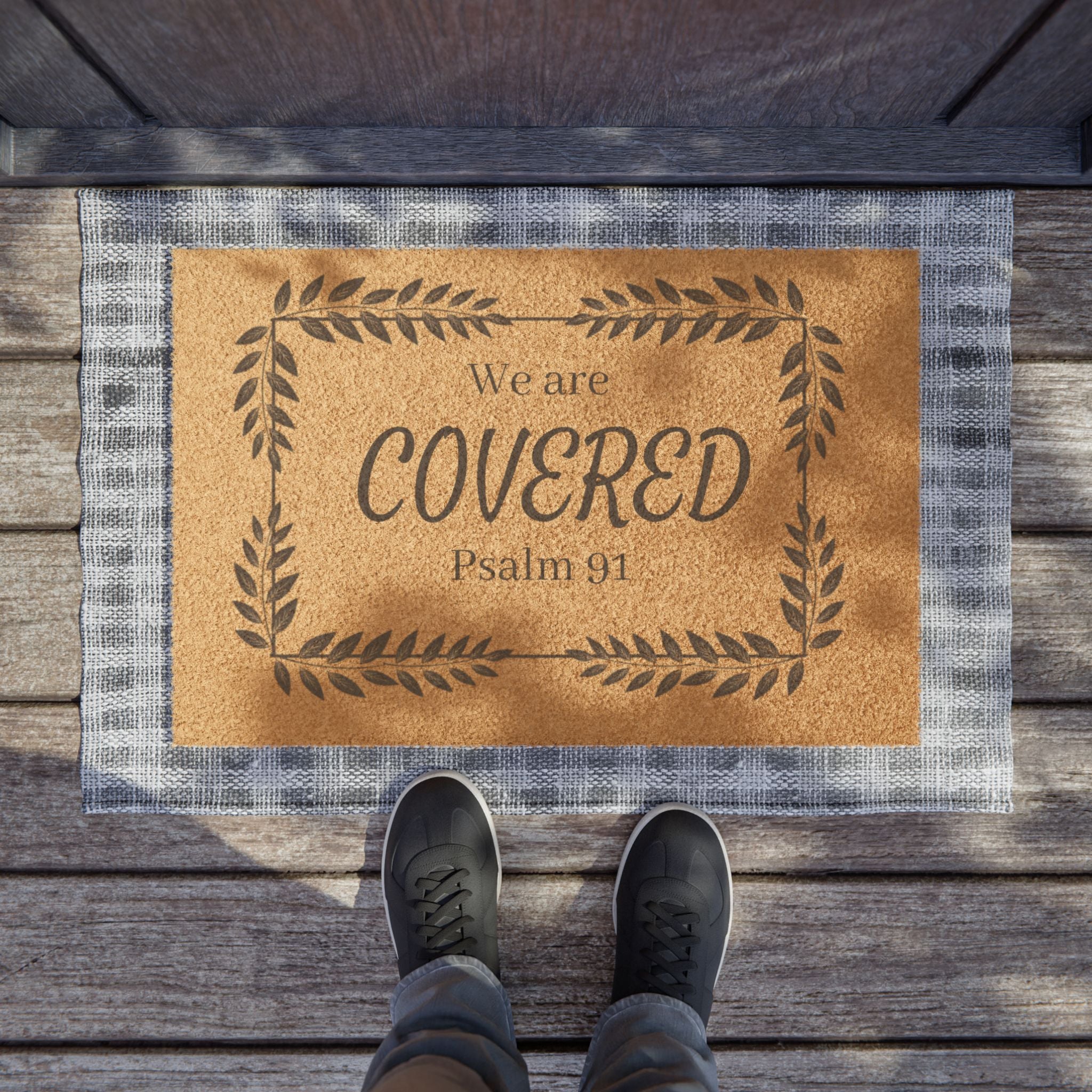 Doormat — "We Are Covered Psalm 91" Welcome Mat (Faith-Inspired, Farmhouse Leaf Border)