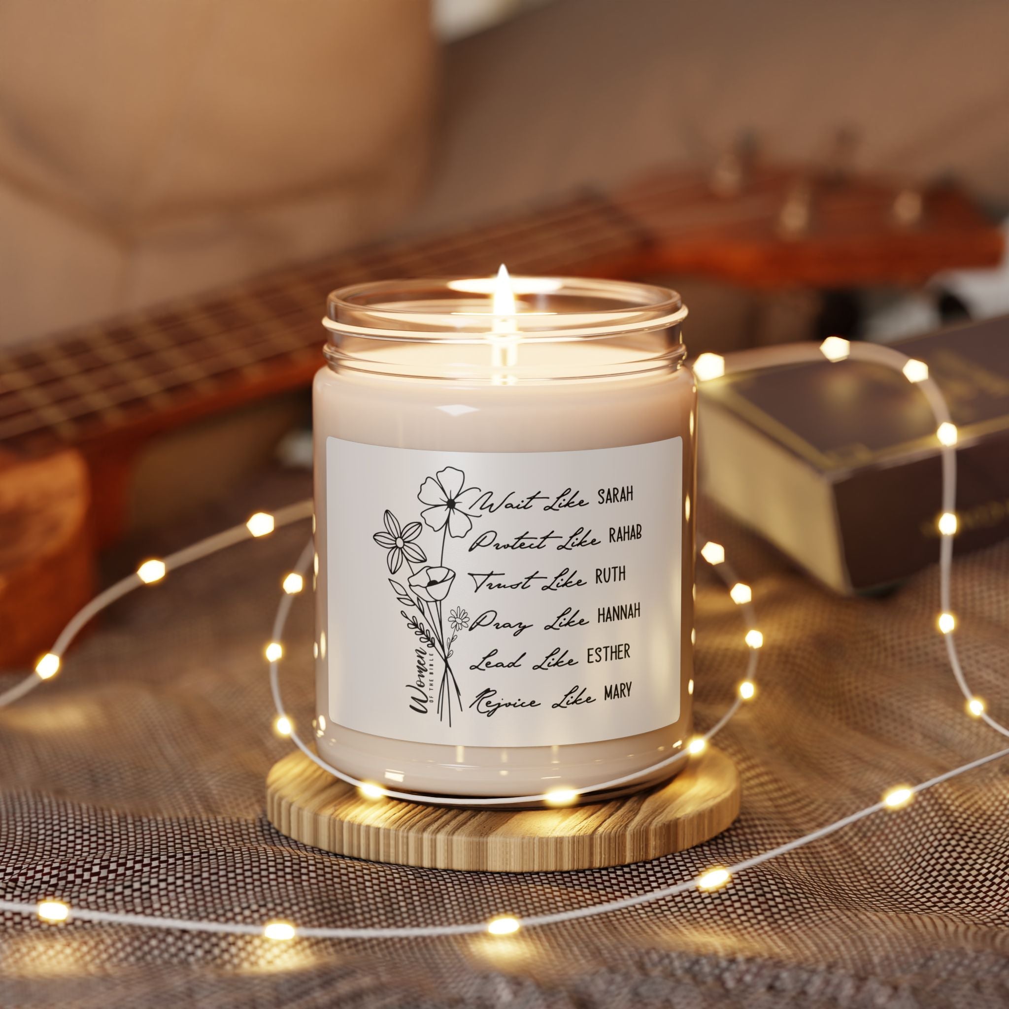 Scented Soy Candle 9oz — Floral Scripture Label (What She Was, Sarah; Portrait Like, Rahab)
