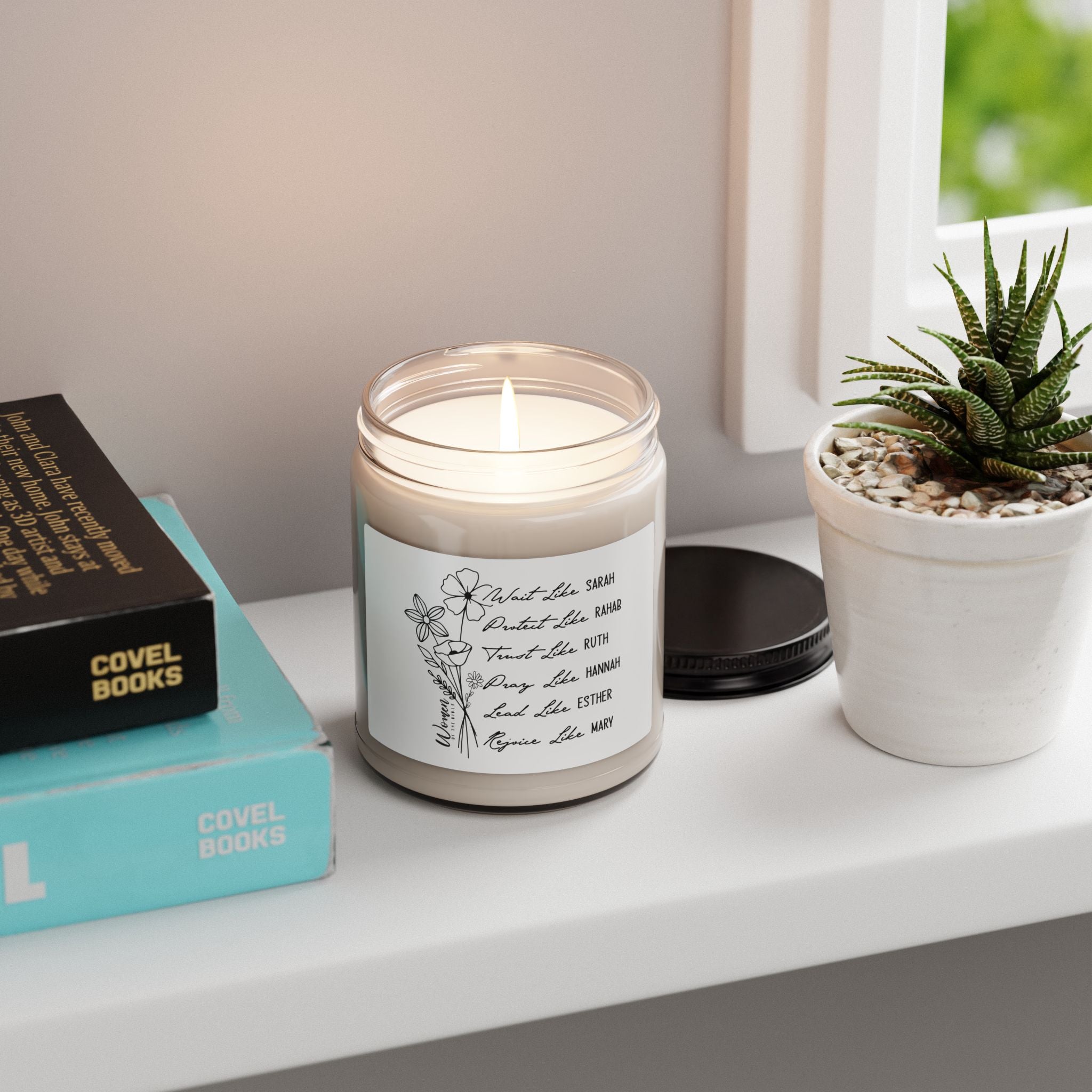 Scented Soy Candle 9oz — Floral Scripture Label (What She Was, Sarah; Portrait Like, Rahab)