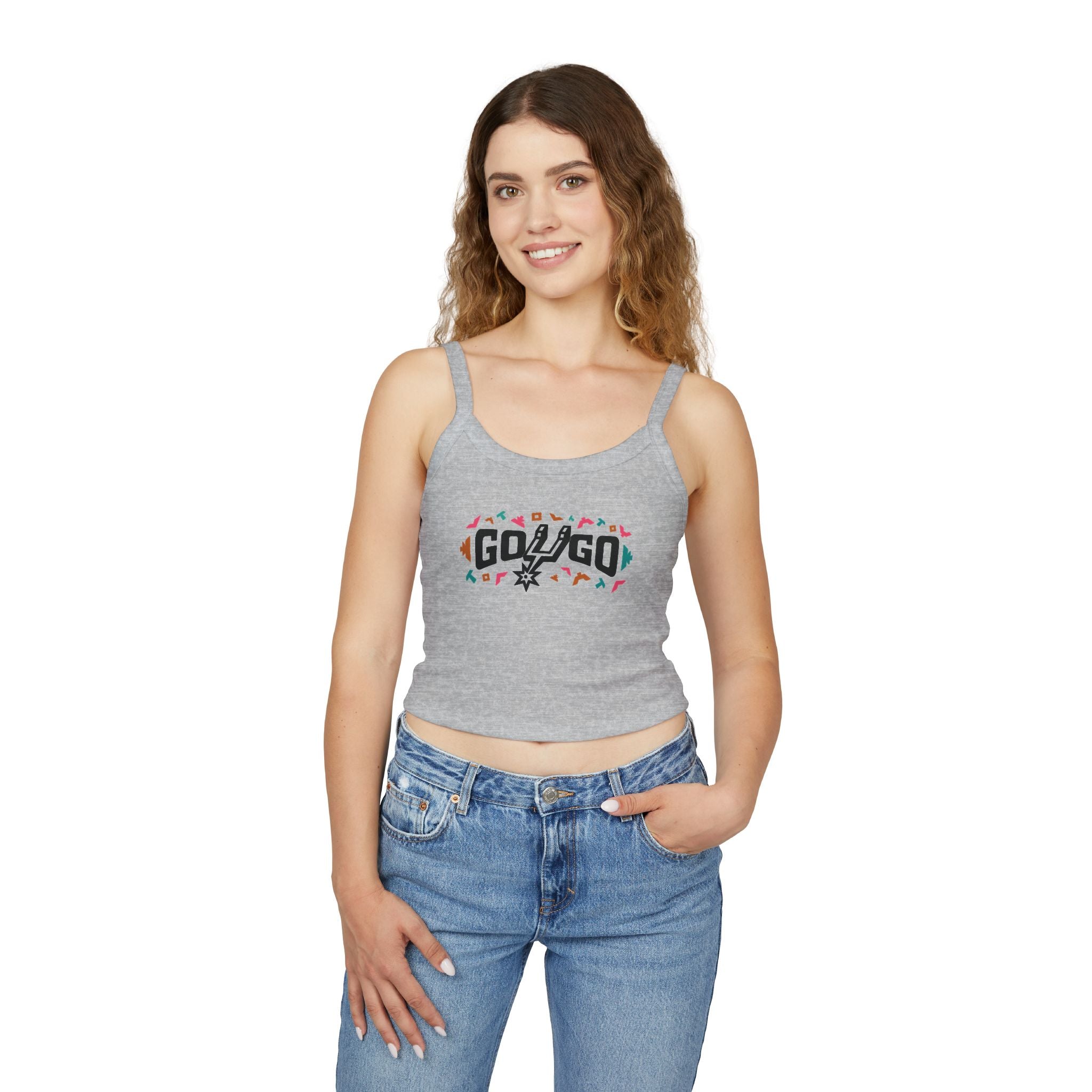 Spaghetti Tank Top — 'Go Spurs Go' Colorful Retro Basketball Fan Crop