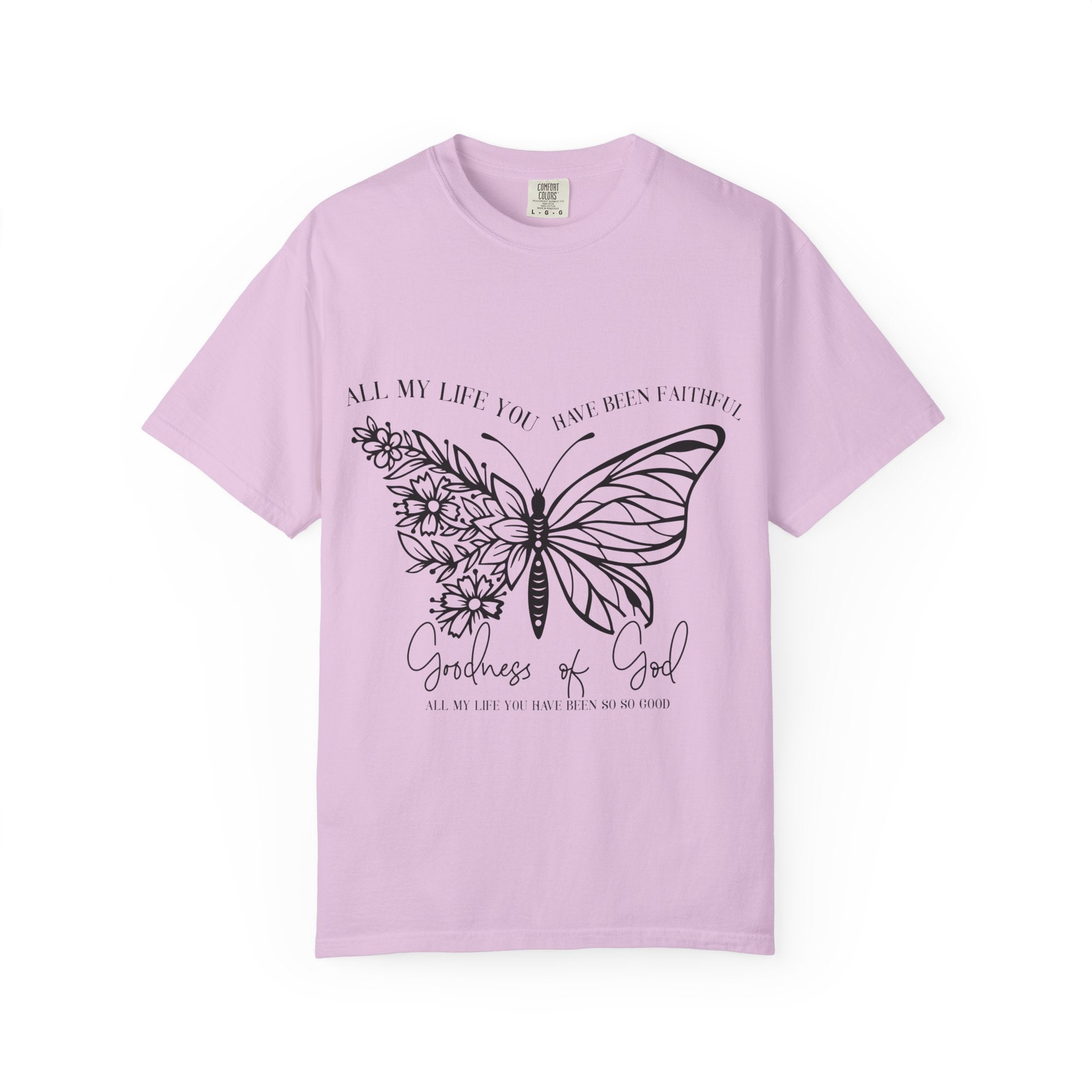 Butterfly Flowers Tee — “Goodness of God” Inspirational Graphic T-Shirt
