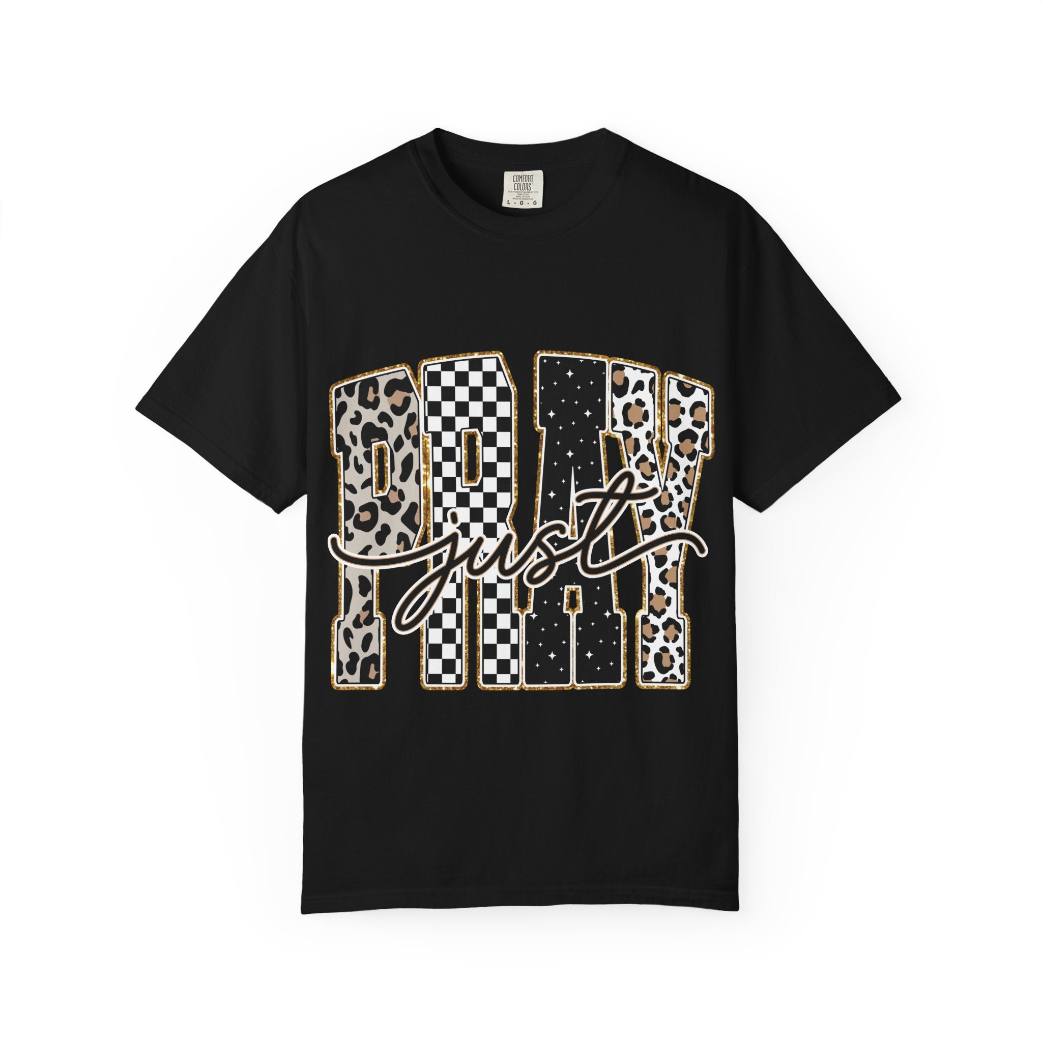 Just Pray Graphic T-shirt — Leopard & Checker Pattern