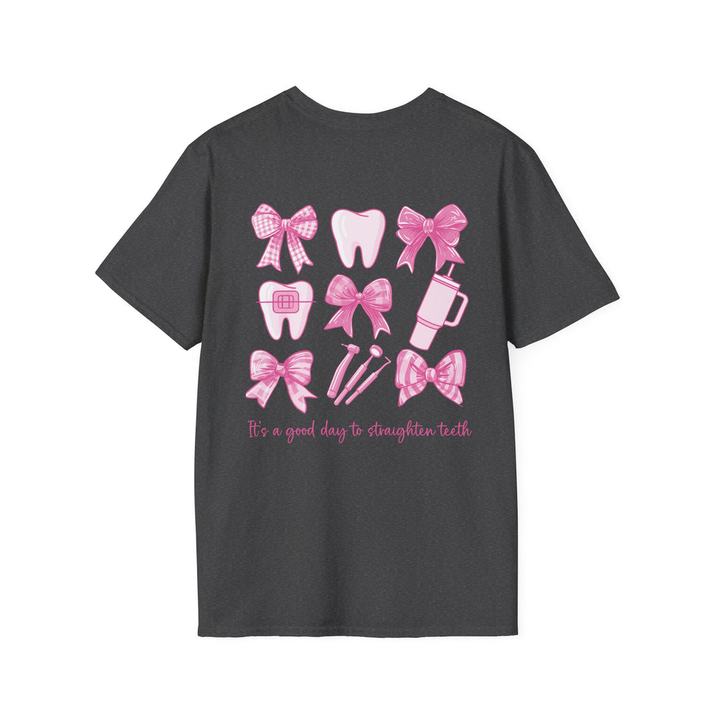 Tooth & Bow T-Shirt — Pink Dental Icons "It's a good day to straighten teeth"
