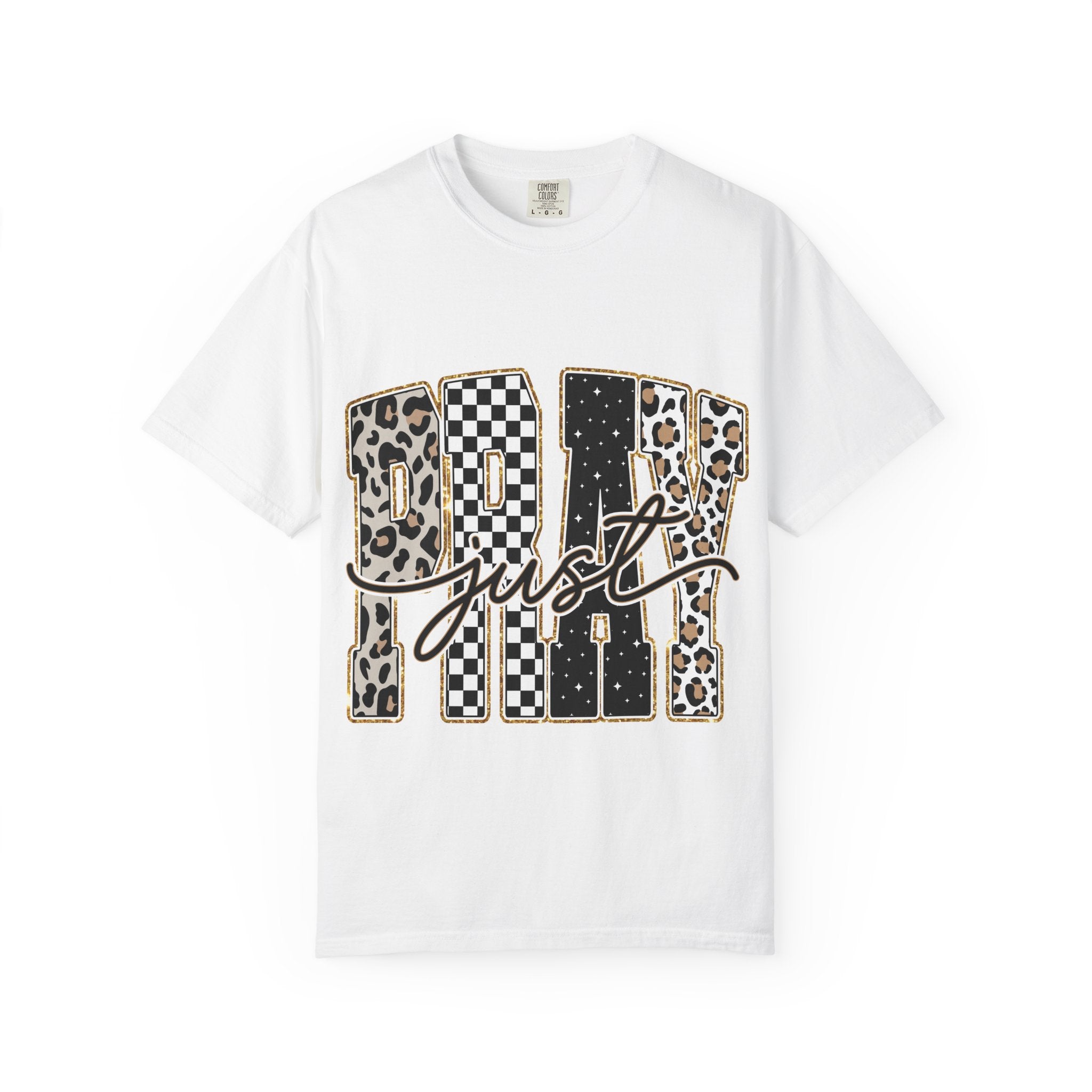 Just Pray Graphic T-shirt — Leopard & Checker Pattern