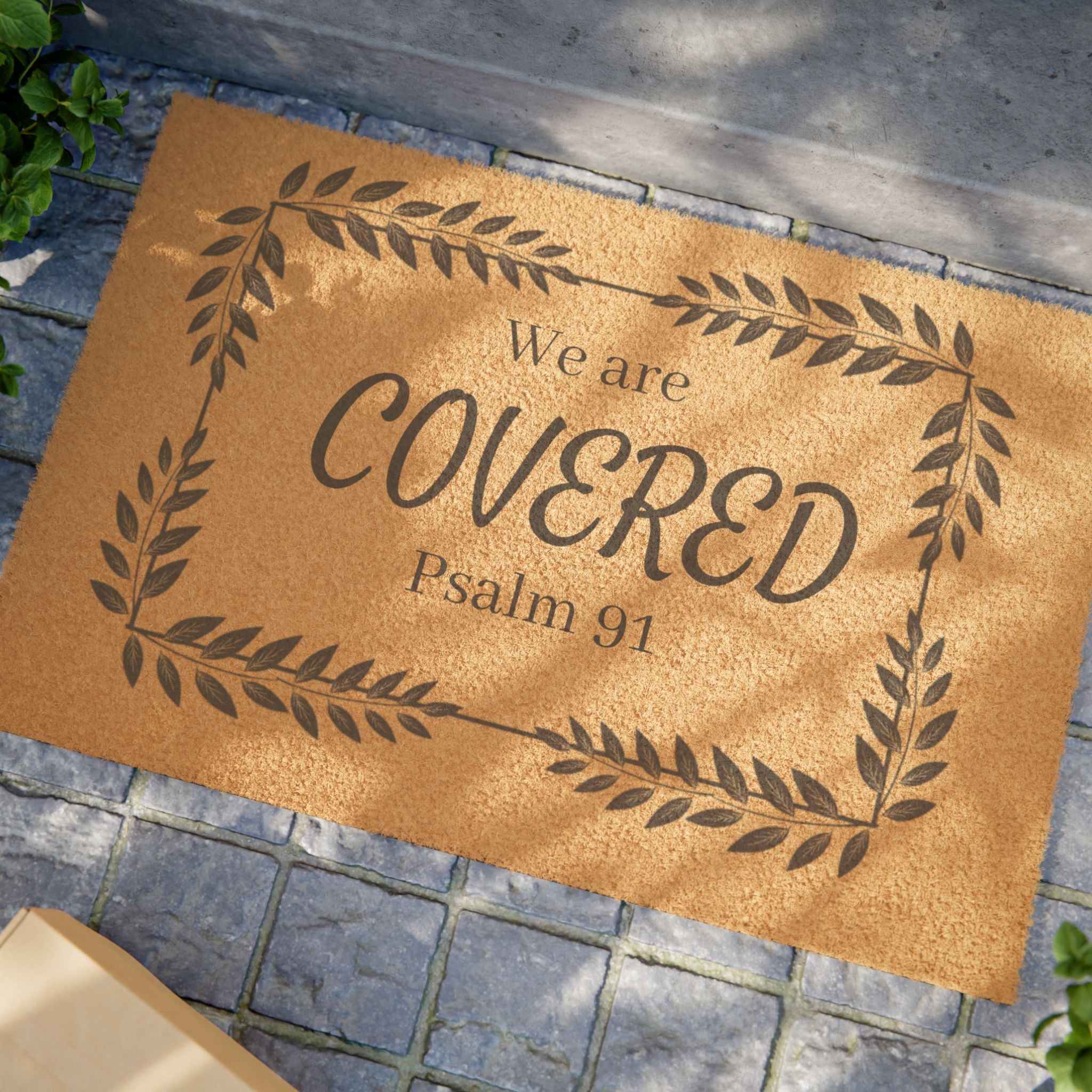 Doormat — "We Are Covered Psalm 91" Welcome Mat (Faith-Inspired, Farmhouse Leaf Border)