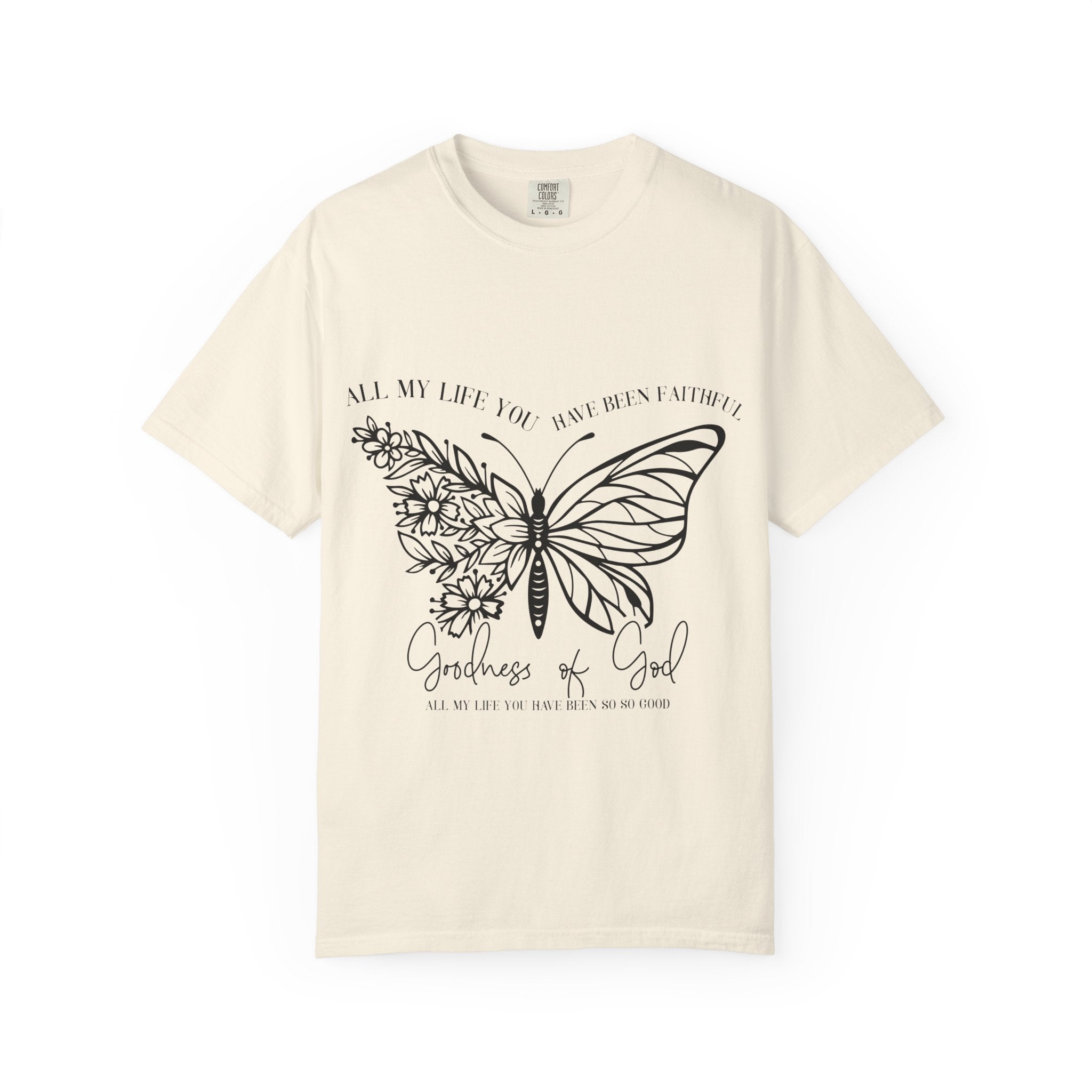Butterfly Flowers Tee — “Goodness of God” Inspirational Graphic T-Shirt
