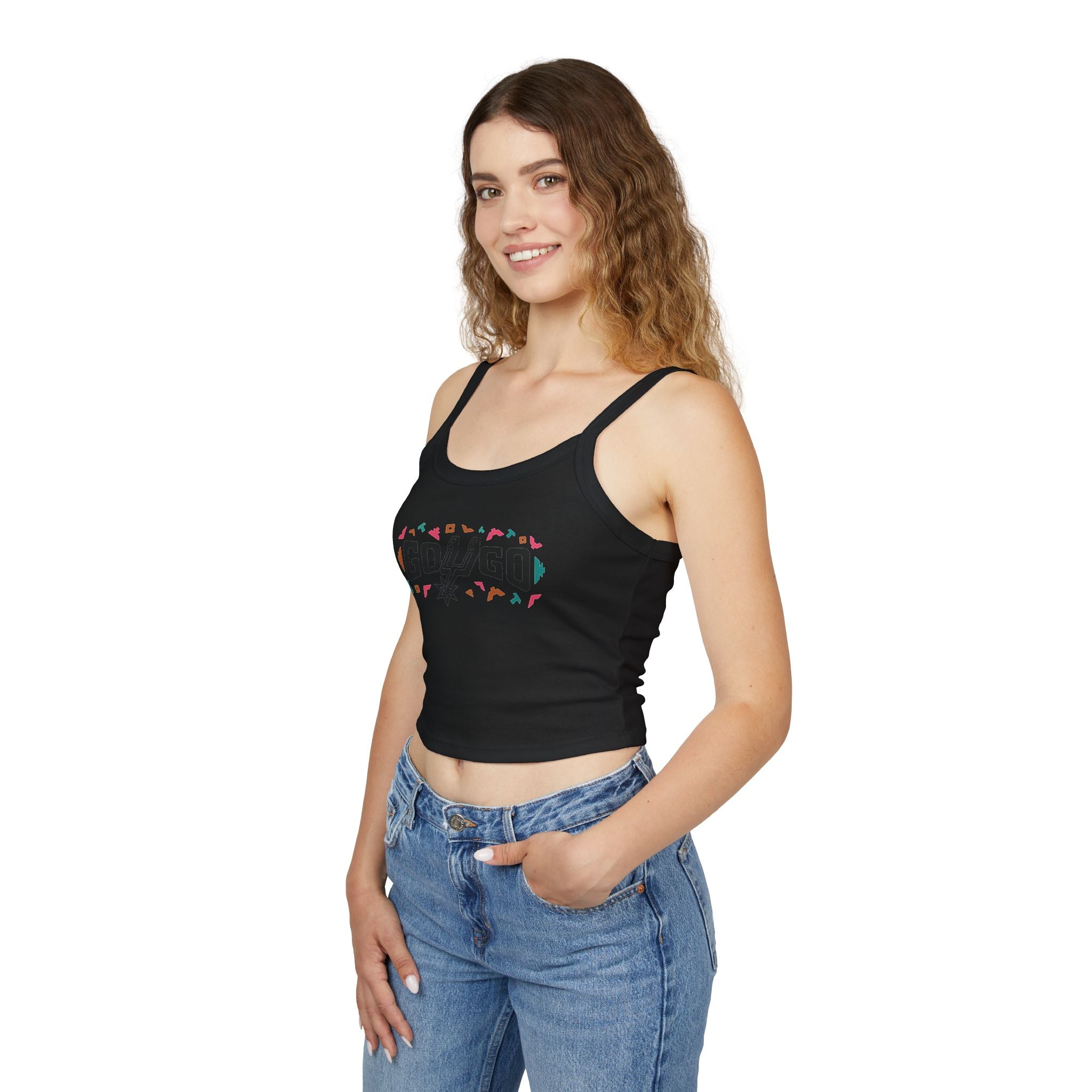 Spaghetti Tank Top — 'Go Spurs Go' Colorful Retro Basketball Fan Crop