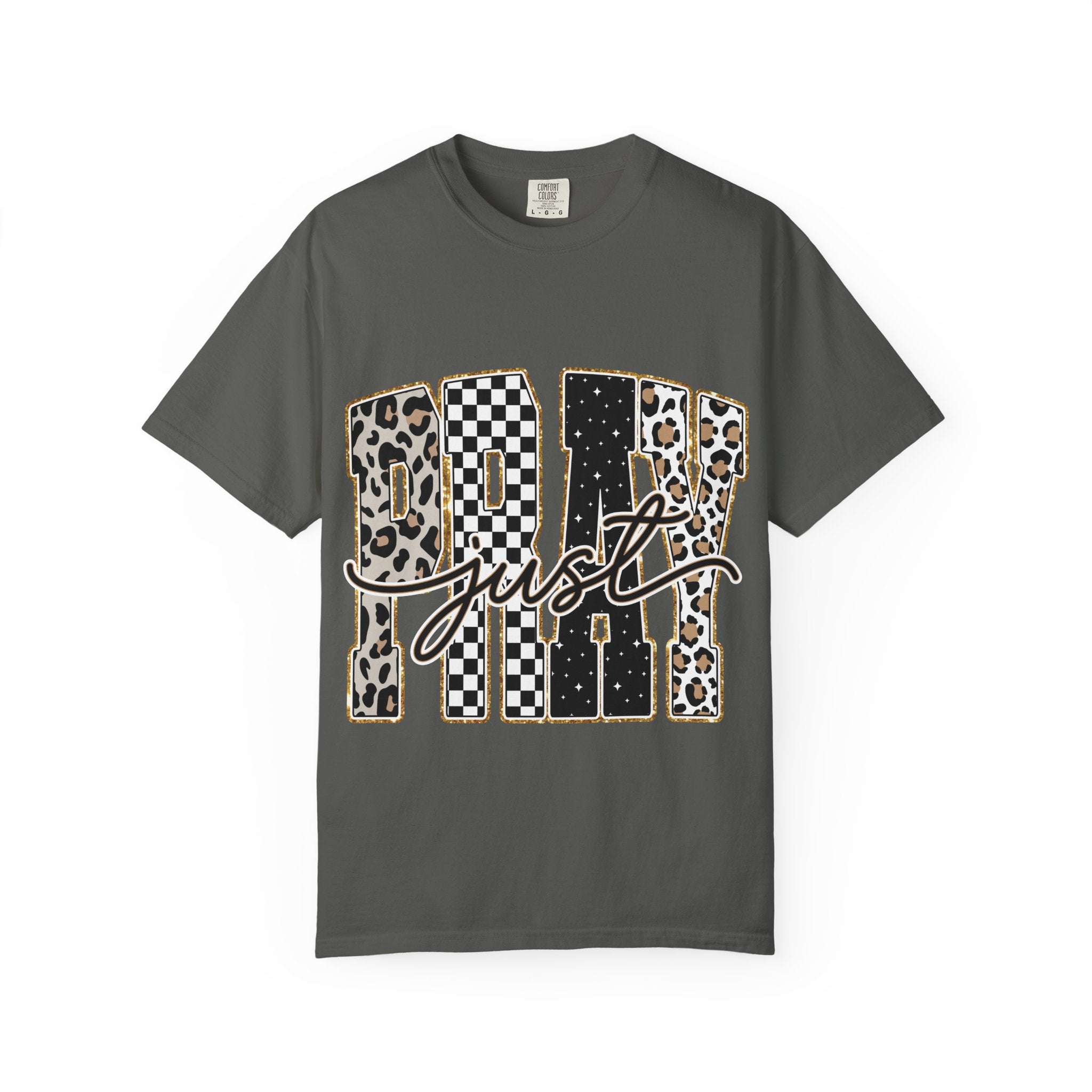 Just Pray Graphic T-shirt — Leopard & Checker Pattern