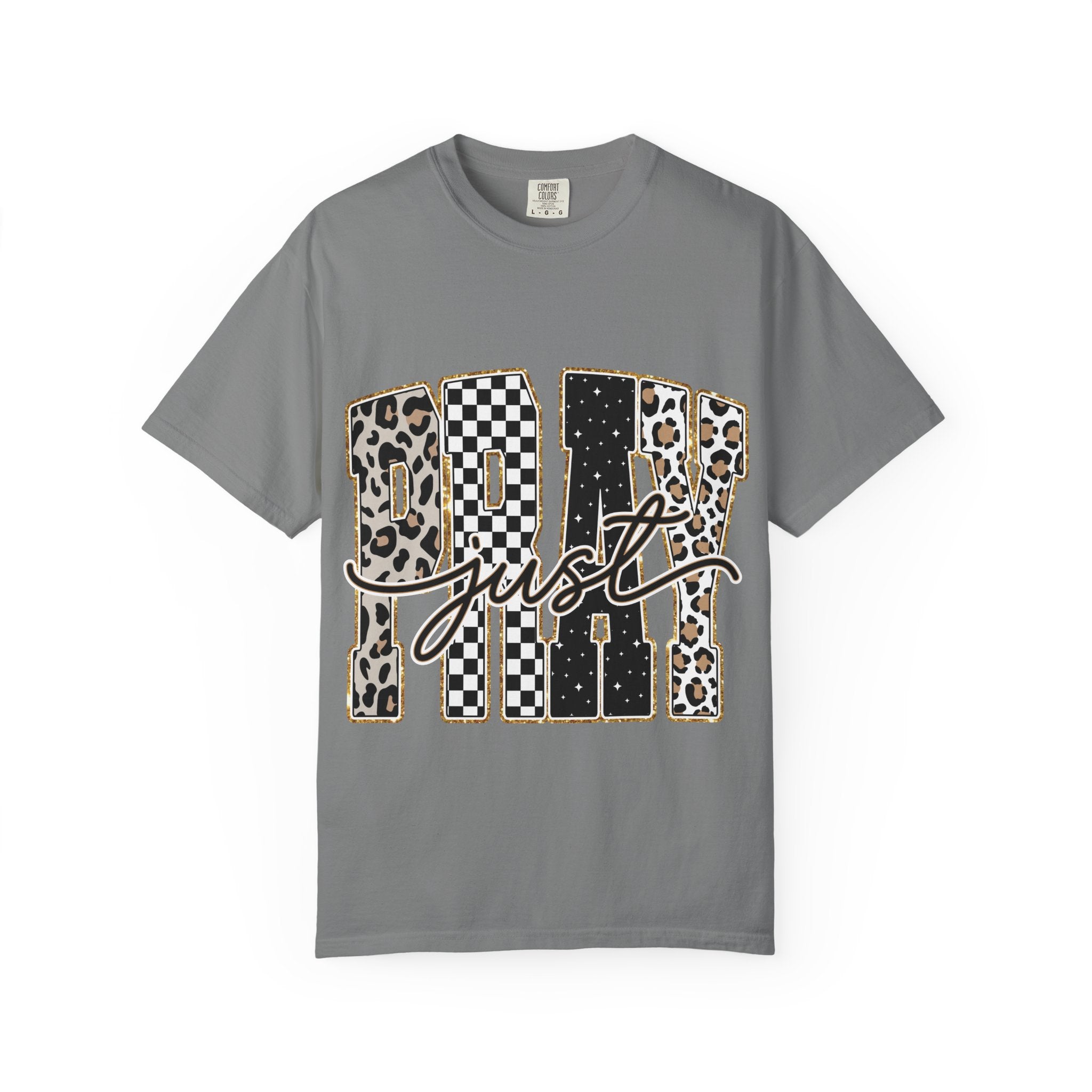 Just Pray Graphic T-shirt — Leopard & Checker Pattern