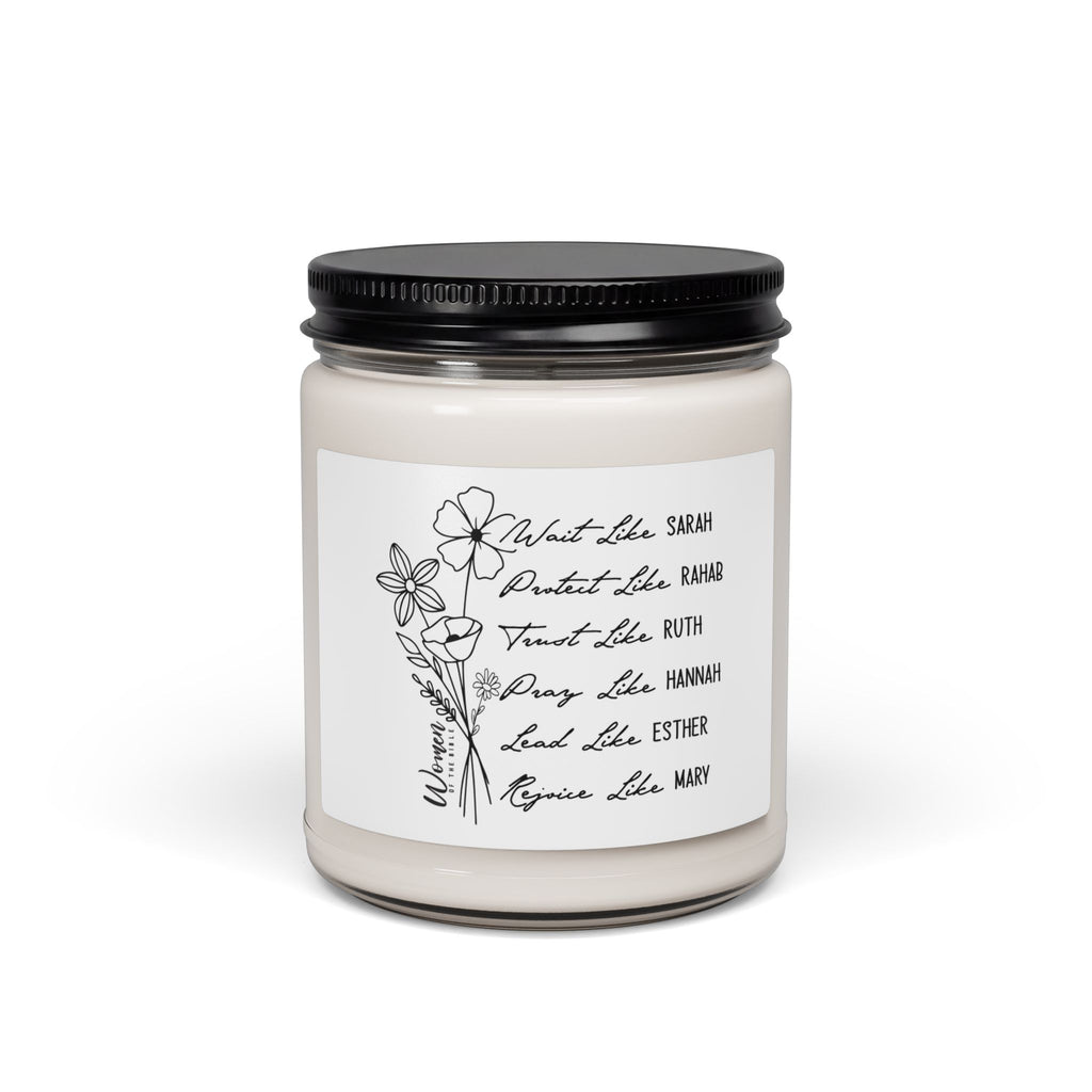 Scented Soy Candle 9oz — Floral Scripture Label (What She Was, Sarah; Portrait Like, Rahab)