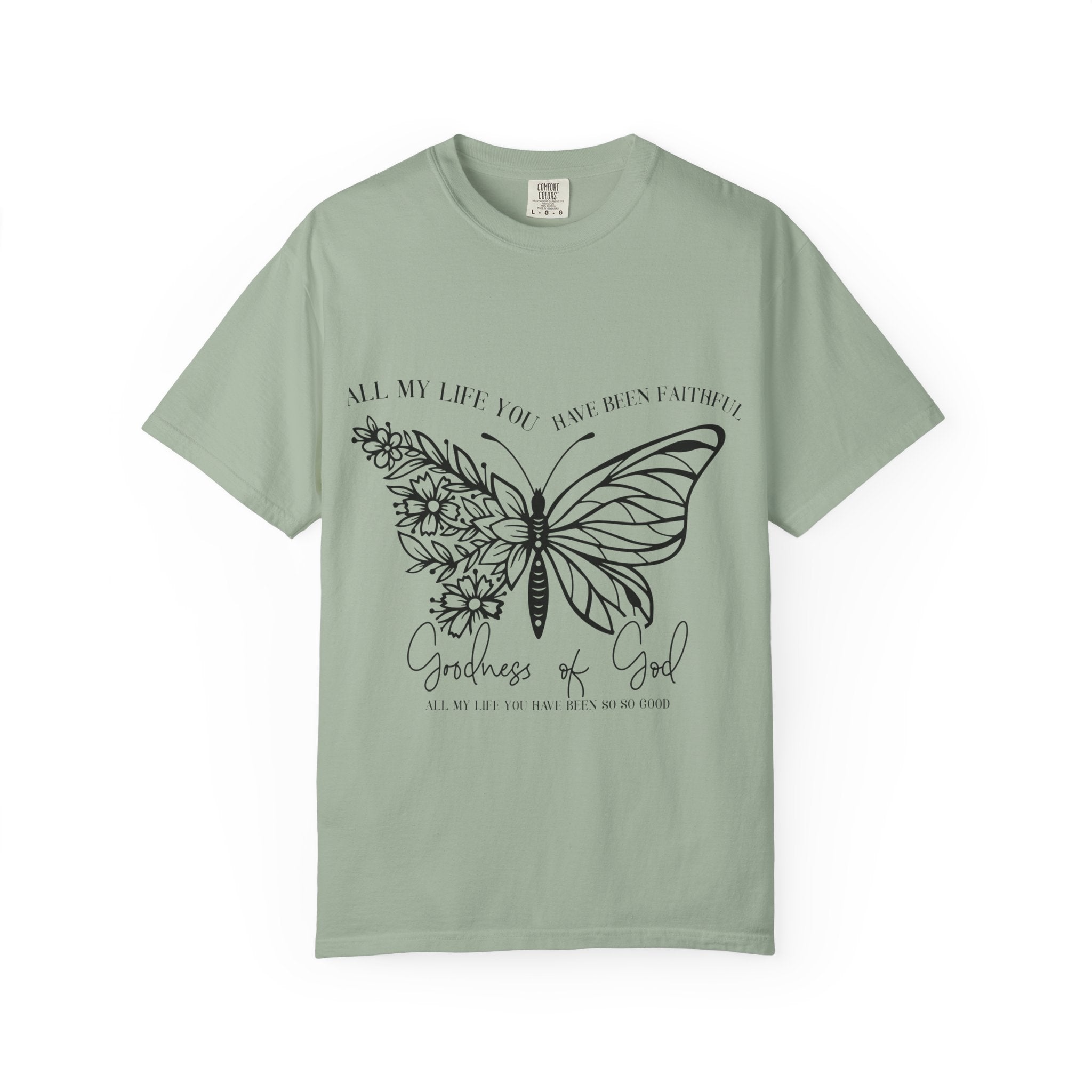 Butterfly Flowers Tee — “Goodness of God” Inspirational Graphic T-Shirt