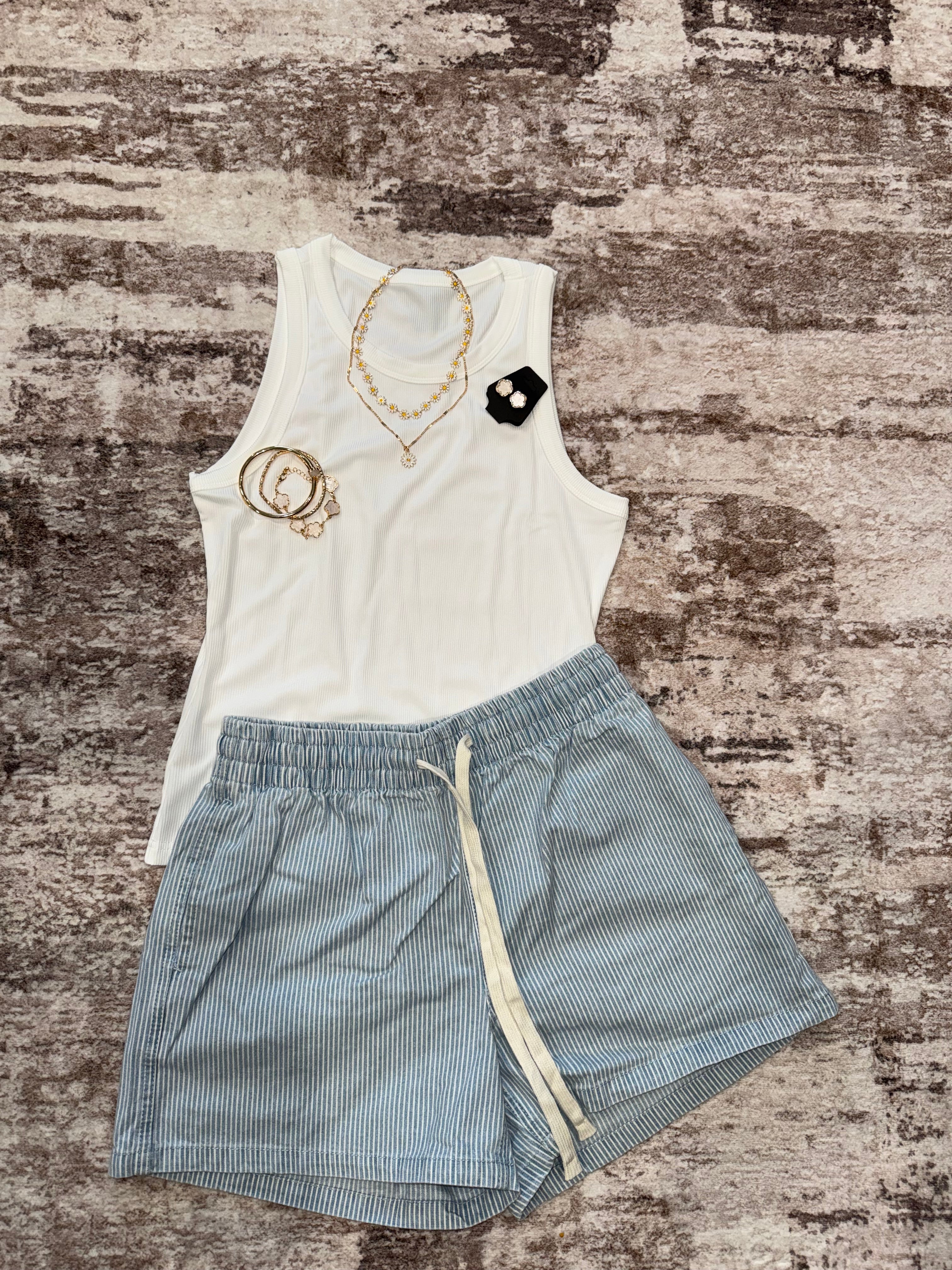 Light Denim Elastic Waist Shorts